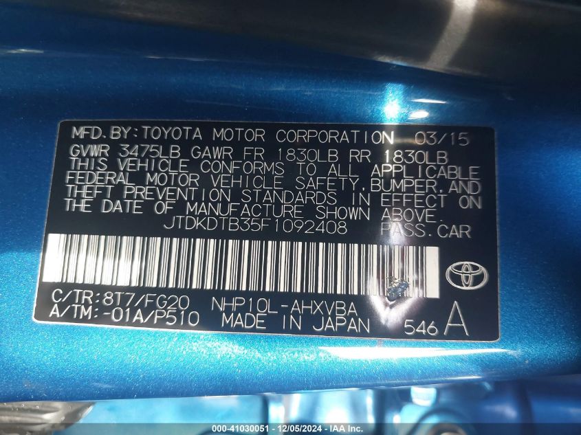 VIN JTDKDTB35F1092408 2015 Toyota Prius, C Two no.9