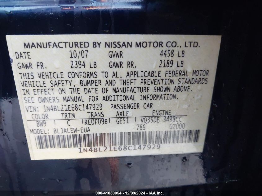 2008 Nissan Altima 3.5 Sl VIN: 1N4BL21E68C147929 Lot: 41030054