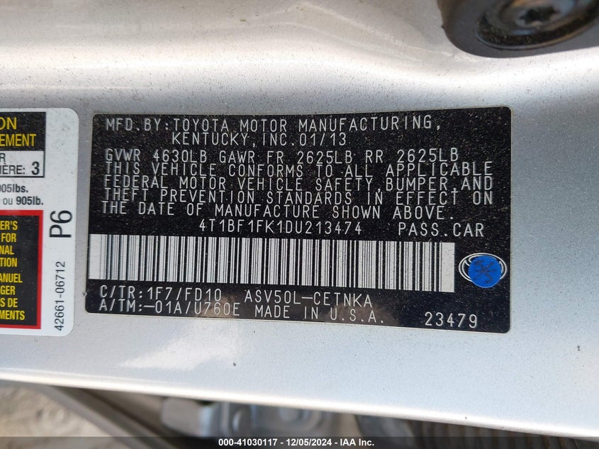 2013 TOYOTA CAMRY VIN: 4T1BF1FK1DU213474