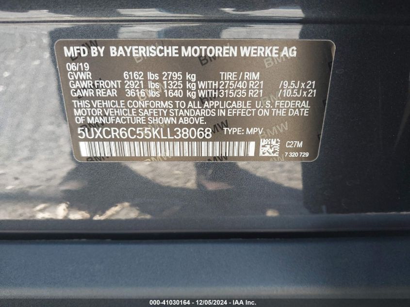 VIN 5UXCR6C55KLL38068 2019 BMW X5, Xdrive40I no.9