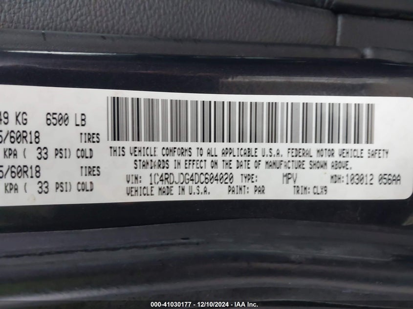 2013 DODGE DURANGO VIN: 1C4RDJDG4DC604020