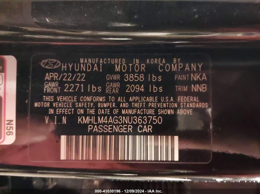 VIN KMHLM4AG3NU363750 2022 Hyundai Elantra, Sel no.9