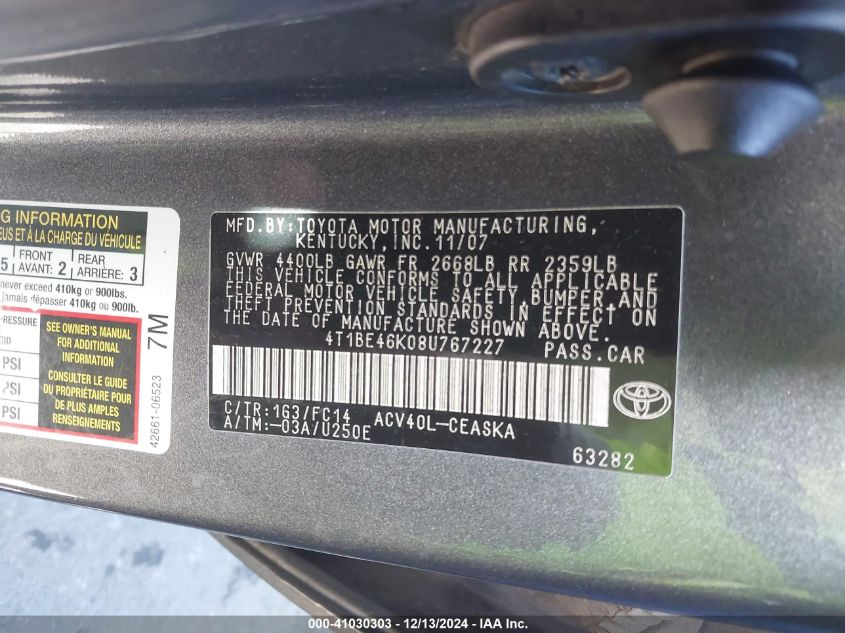 2008 Toyota Camry Le VIN: 4T1BE46K08U776722 Lot: 41030303