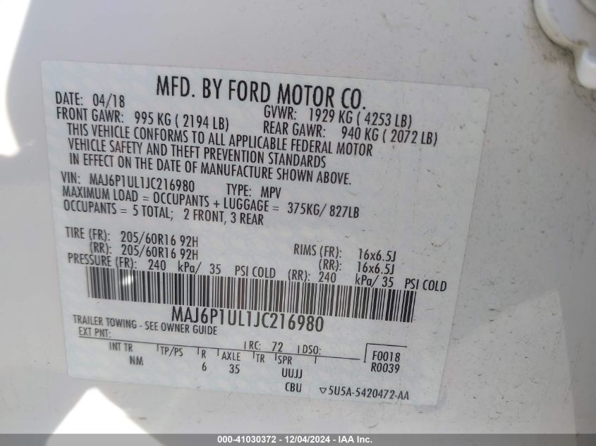2018 Ford Ecosport Se VIN: MAJ6P1UL1JC216980 Lot: 41030372