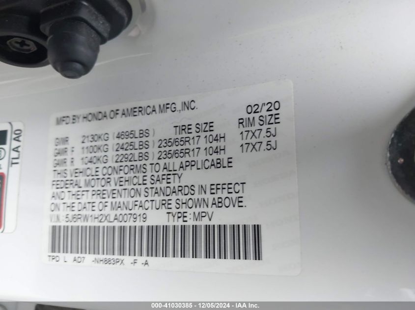 2020 Honda Cr-V 2Wd Lx VIN: 5J6RW1H2XLA007919 Lot: 41030385