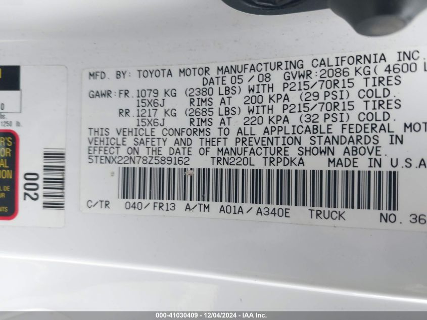 2008 Toyota Tacoma VIN: 5TENX22N78Z589162 Lot: 41030409