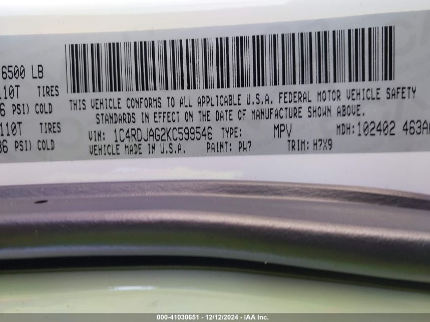 2019 Dodge Durango Sxt Awd VIN: 1C4RDJAG2KC599546 Lot: 41310112