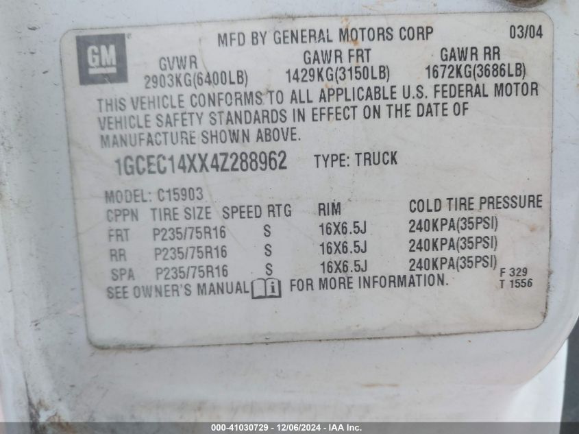 2004 Chevrolet Silverado 1500 Work Truck VIN: 1GCEC14XX4Z288962 Lot: 41030729
