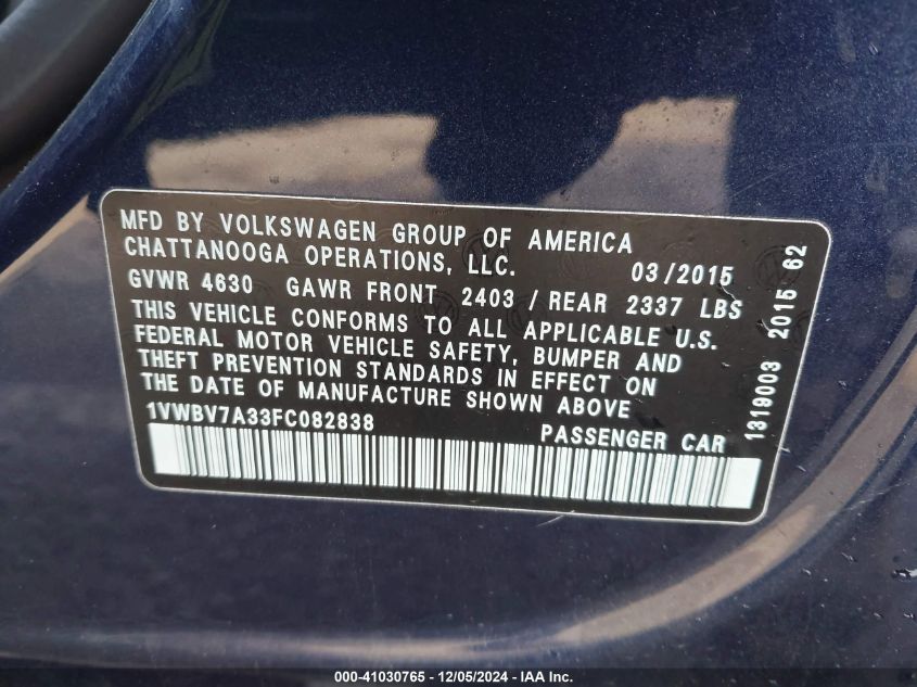 VIN 1VWBV7A33FC082838 2015 Volkswagen Passat, 2.0L... no.9