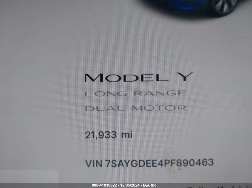 2023 Tesla Model Y Awd/Long Range Dual Motor All-Wheel Drive VIN: 7SAYGDEE4PF890463 Lot: 41030922