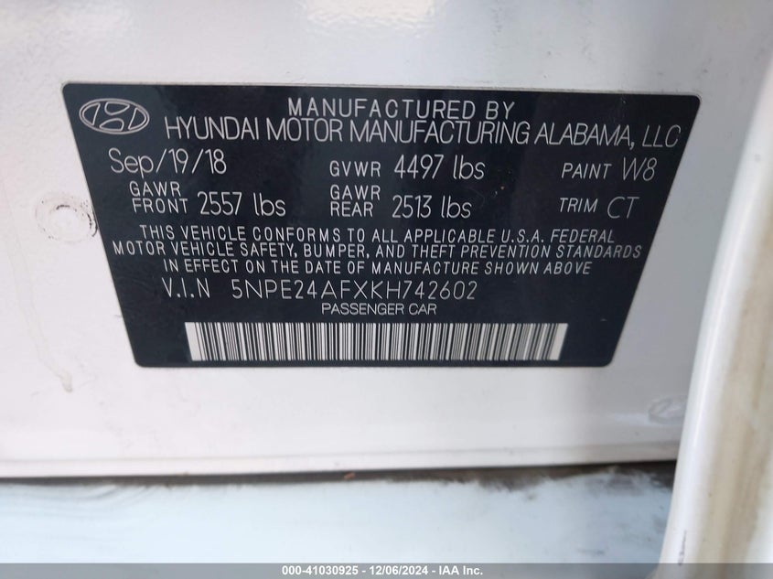 2019 HYUNDAI SONATA VIN: 5NPE24AFXKH742602