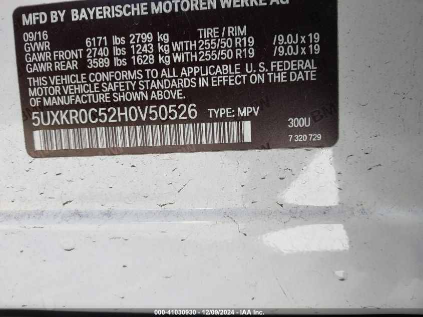 VIN 5UXKR0C52H0V50526 2017 BMW X5, Xdrive35I no.9