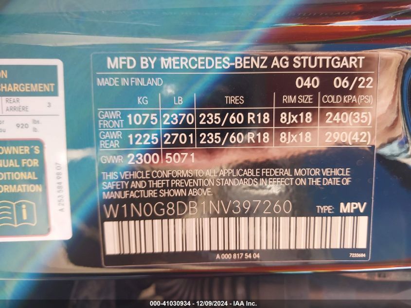 2022 Mercedes-Benz Glc 300 Suv VIN: W1N0G8DB1NV397260 Lot: 41030934