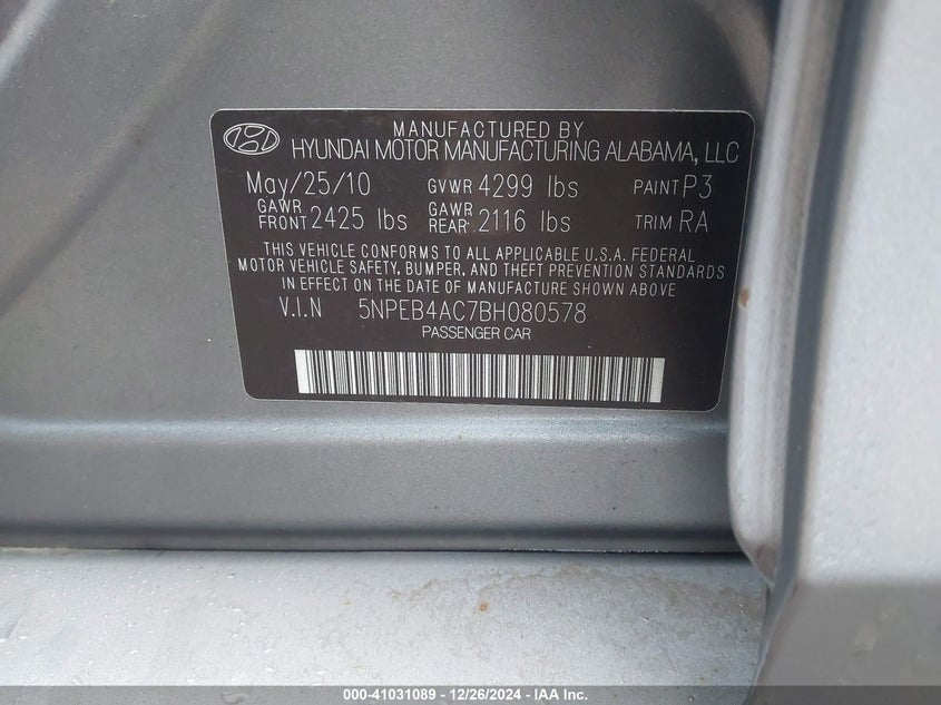 5NPEB4AC7BH080578 2011 HYUNDAI SONATA photo no. 9
