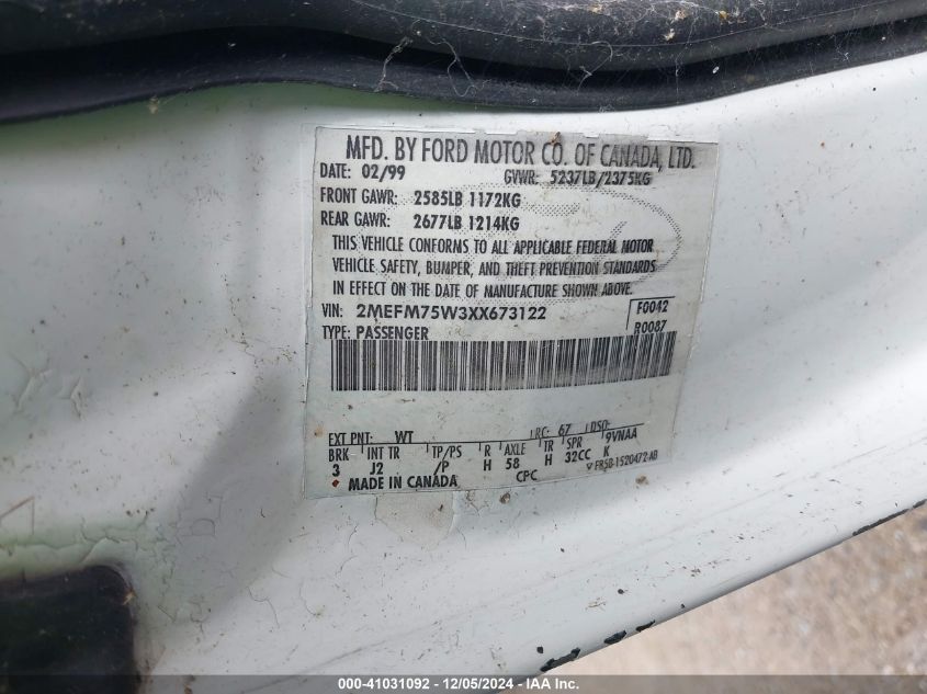 1999 Mercury Grand Marquis Ls VIN: 2MEFM75W3XX673122 Lot: 41031092