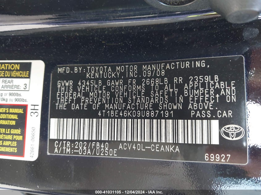 2009 TOYOTA CAMRY VIN: 4T1BE46K09U887191