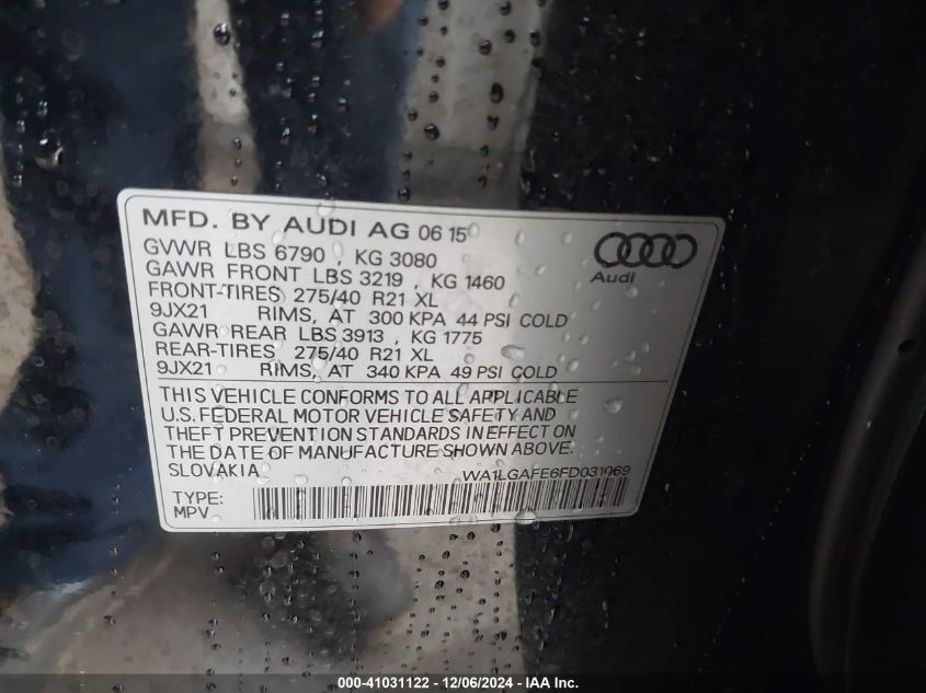 VIN WA1LGAFE6FD031069 2015 AUDI Q7 no.9