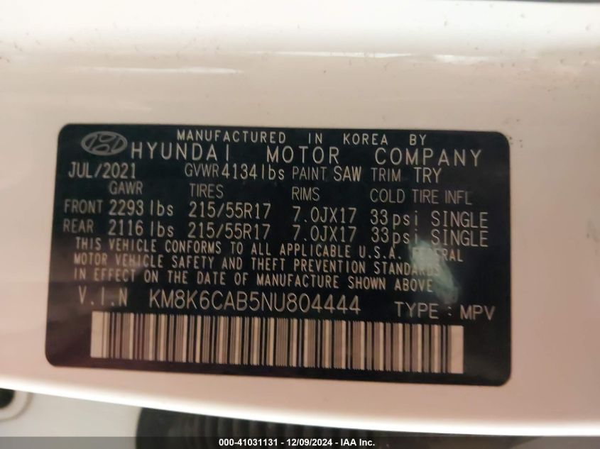 2022 Hyundai Kona Sel VIN: KM8K6CAB5NU804444 Lot: 41031131