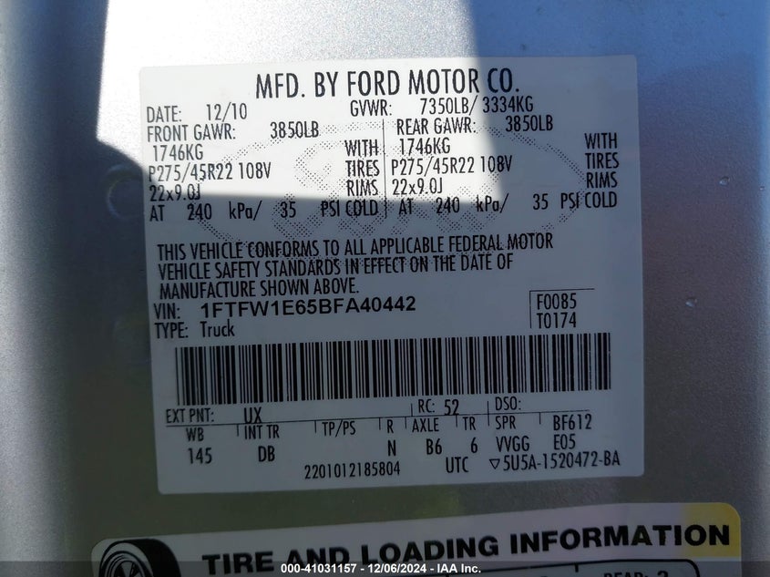2011 FORD F-150 VIN: 1FTFW1E65BFA40442
