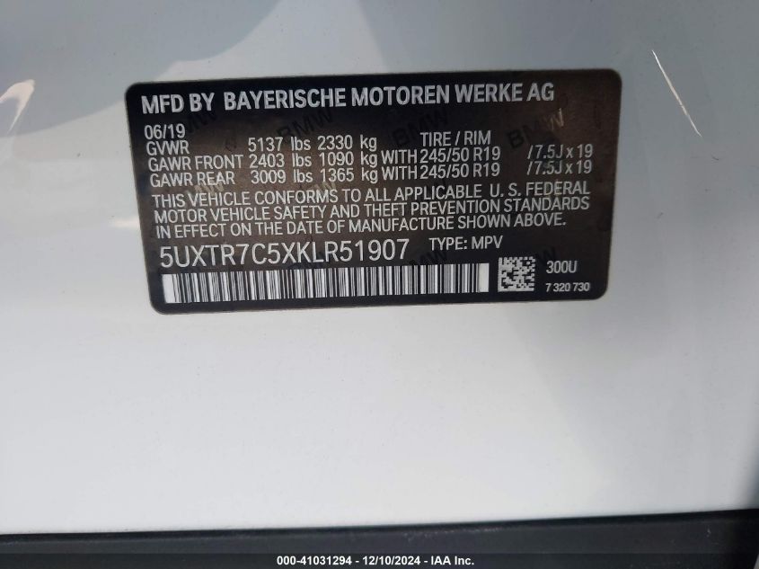 VIN 5UXTR7C5XKLR51907 2019 BMW X3 no.9