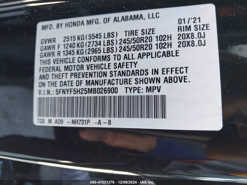 VIN 5FNYF5H25MB026900 2021 HONDA PILOT no.9