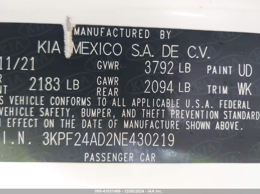 2022 Kia Forte Fe VIN: 3KPF24AD2NE430219 Lot: 41031469