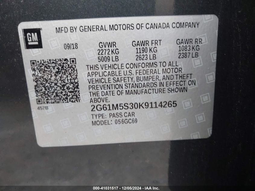 2019 Cadillac Xts Luxury VIN: 2G61M5S30K9114265 Lot: 41031517