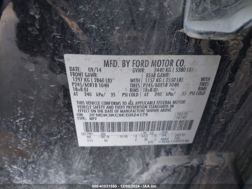 VIN 2FMDK3KC9EBB24175 2014 FORD EDGE no.9