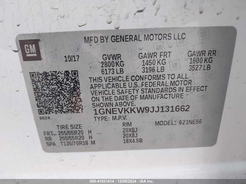 VIN 1GNEVKKW9JJ131662 2018 Chevrolet Traverse, High... no.9