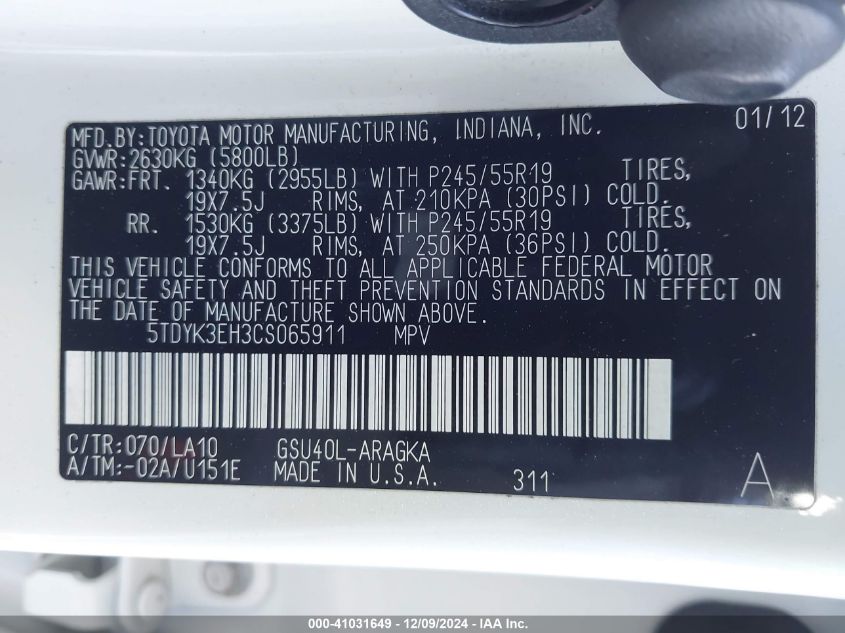 2012 Toyota Highlander Limited V6 VIN: 5TDYK3EH3CS065911 Lot: 41031649