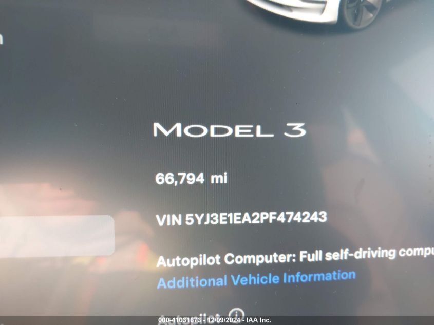 2023 TESLA MODEL 3 REAR-WHEEL DRIVE - 5YJ3E1EA2PF474243