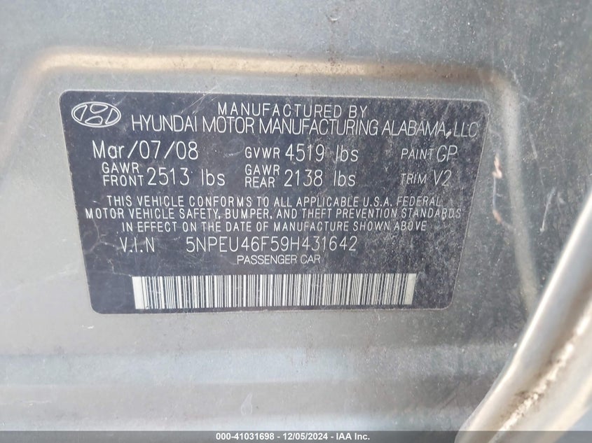 2009 HYUNDAI SONATA VIN: 5NPEU46F59H431642