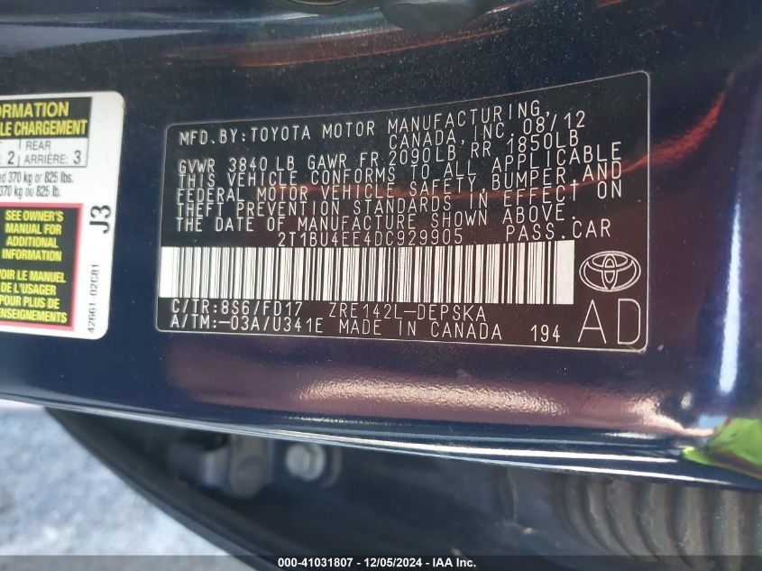 VIN 2T1BU4EE4DC929905 2013 Toyota Corolla, S no.9