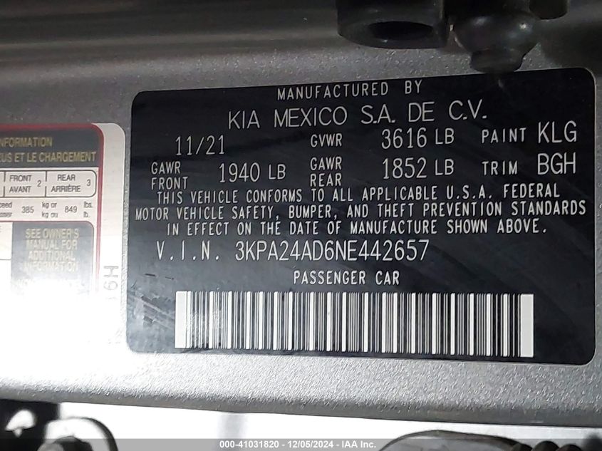 2022 Kia Rio S VIN: 3KPA24AD6NE442657 Lot: 41031820