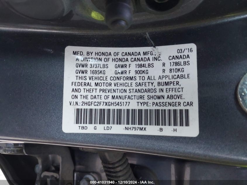 VIN 2HGFC2F7XGH545177 2016 Honda Civic, EX no.9