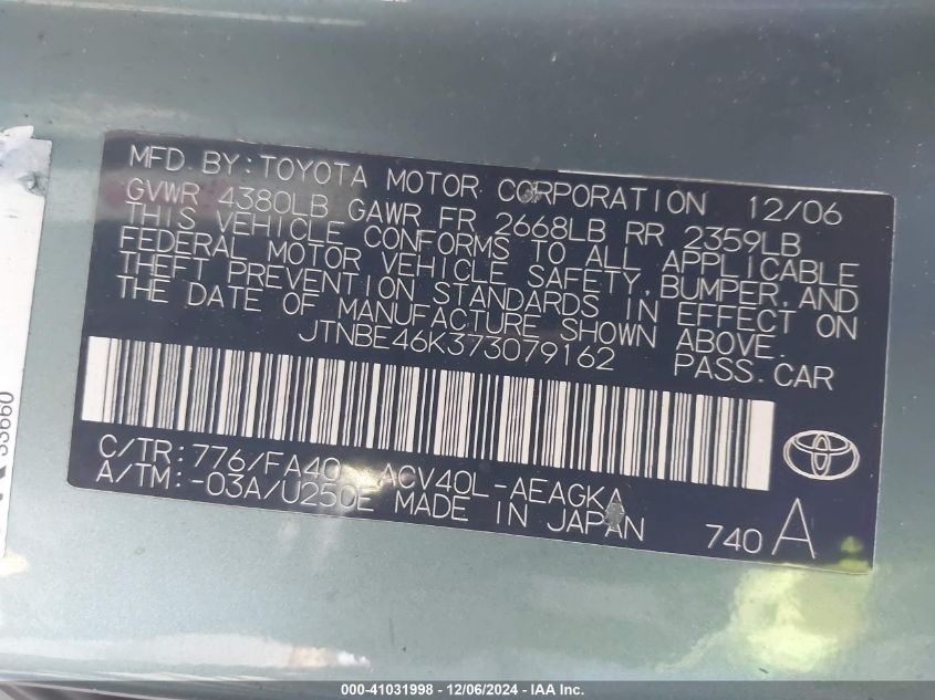 2007 Toyota Camry Xle VIN: JTNBE46K373079162 Lot: 41031998