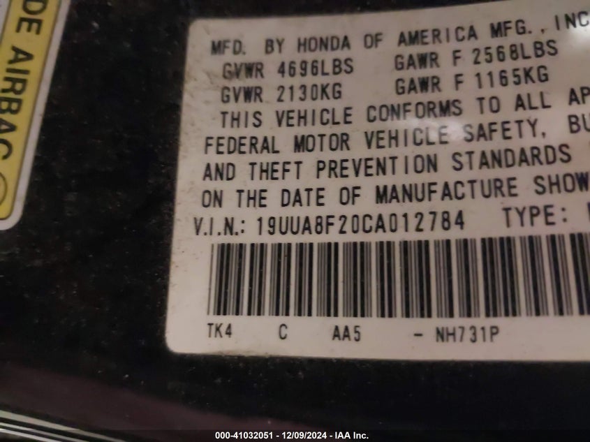 2012 ACURA TL VIN: 19UUA8F20CA012784