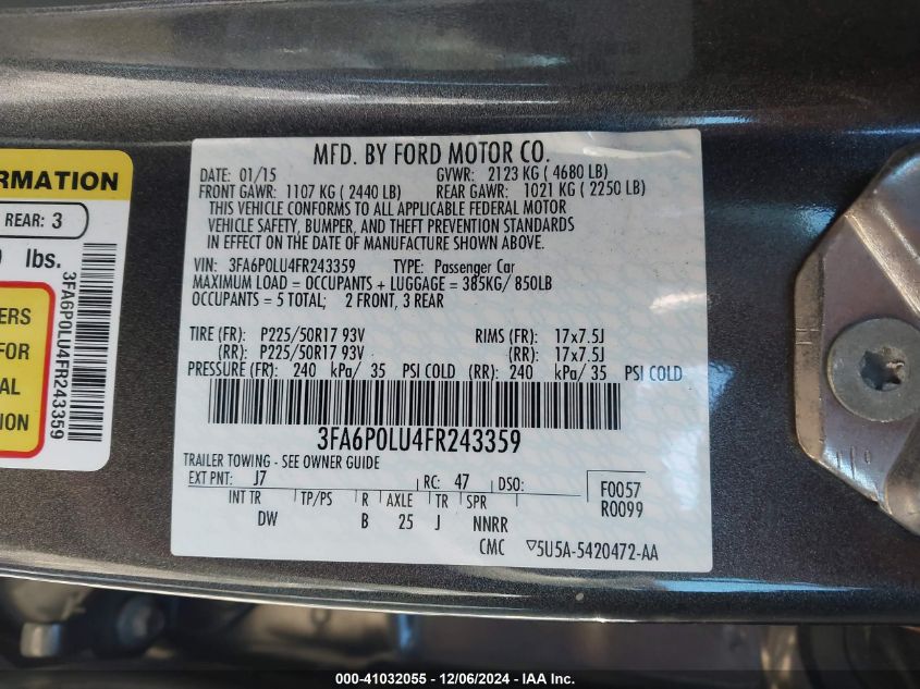 VIN 3FA6P0LU4FR243359 2015 FORD FUSION HYBRID no.9