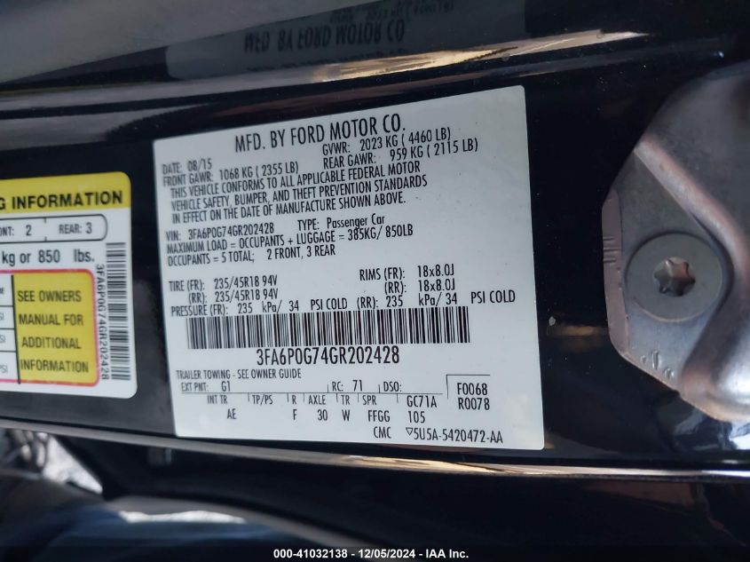 VIN 3FA6P0G74GR202428 2016 Ford Fusion, S no.9