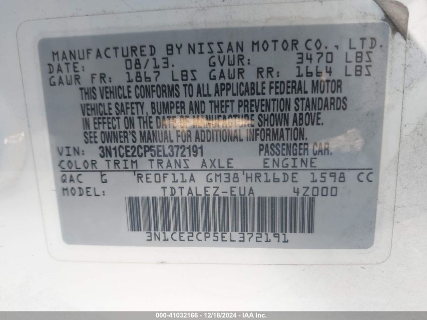 VIN 3N1CE2CP5EL372191 2014 Nissan Versa, Note SV no.9