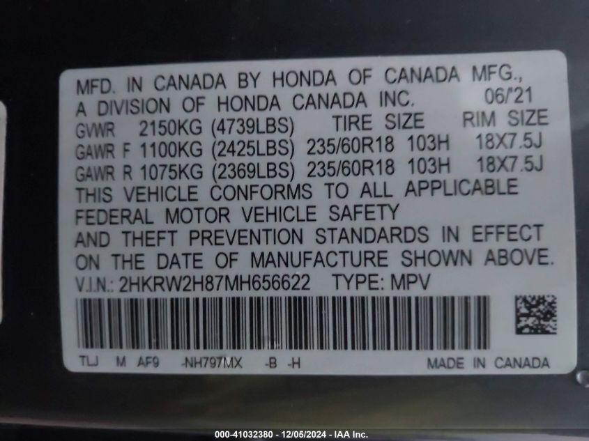 VIN 2HKRW2H87MH656622 2021 HONDA CR-V no.9