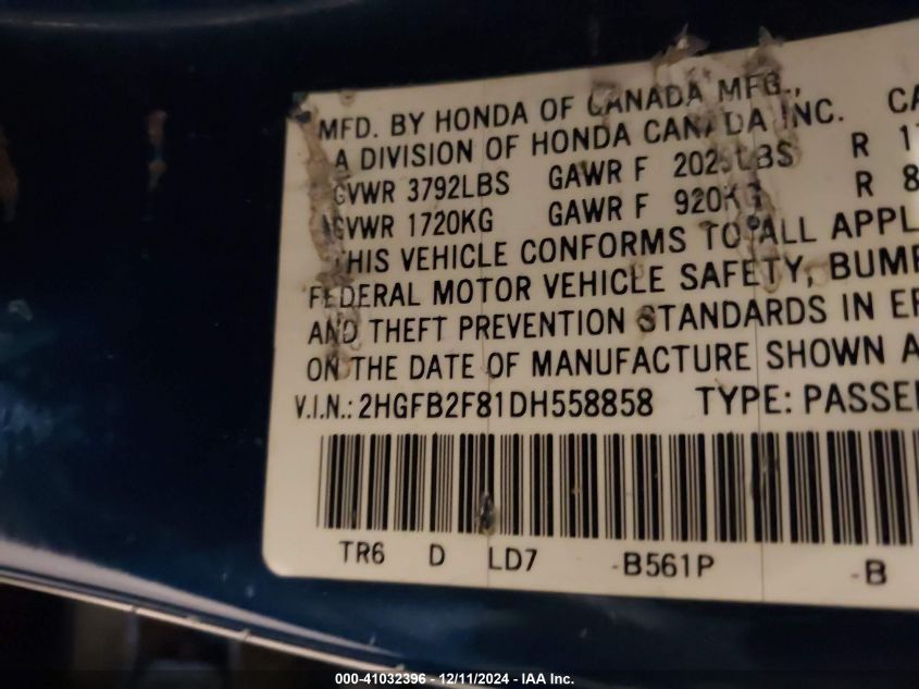 VIN 2HGFB2F81DH558858 2013 Honda Civic, EX no.9