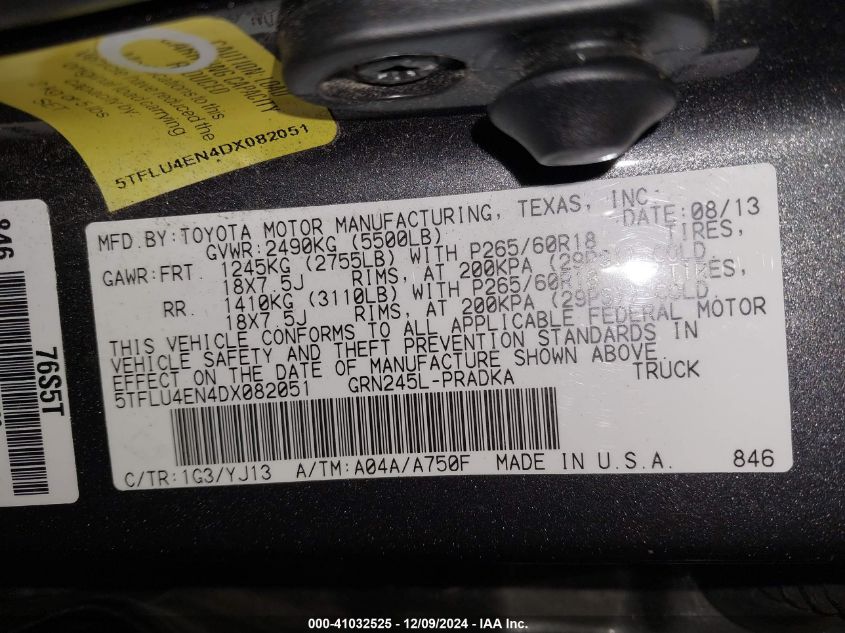 2013 Toyota Tacoma Double Cab VIN: 5TFLU4EN4DX082051 Lot: 41032525