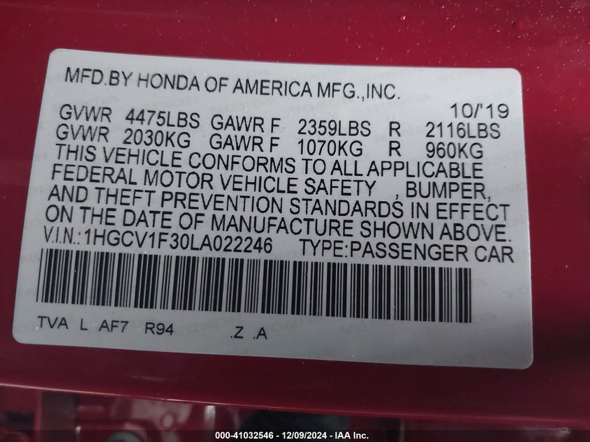 VIN 1HGCV1F30LA022246 2020 HONDA ACCORD SPORT