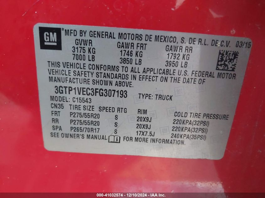 VIN 3GTP1VEC3FG307193 2015 GMC SIERRA 1500 no.9