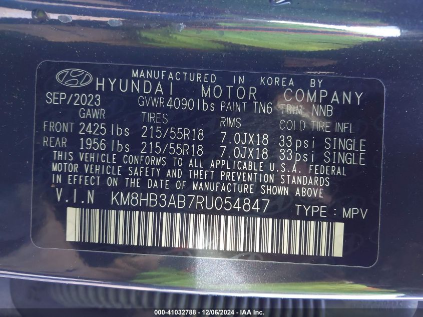 2024 Hyundai Kona Sel VIN: KM8HB3AB7RU054847 Lot: 41032788