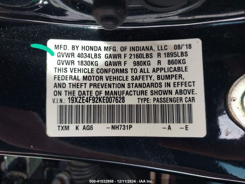 2019 Honda Insight Touring VIN: 19XZE4F92KE007628 Lot: 41032958