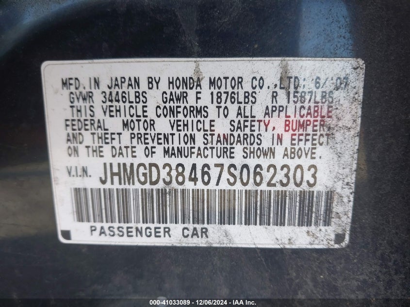 2007 HONDA FIT VIN: JHMGD38467S062303