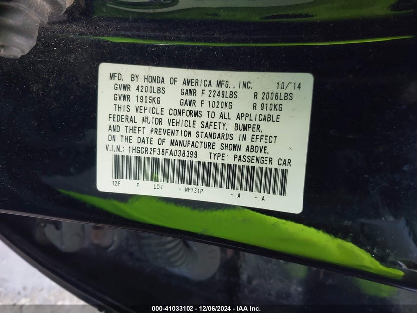 2015 HONDA ACCORD VIN: 1HGCR2F38FA038399