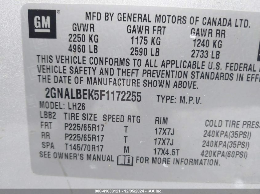 VIN 2GNALBEK5F1172255 2015 Chevrolet Equinox, 1LT no.9